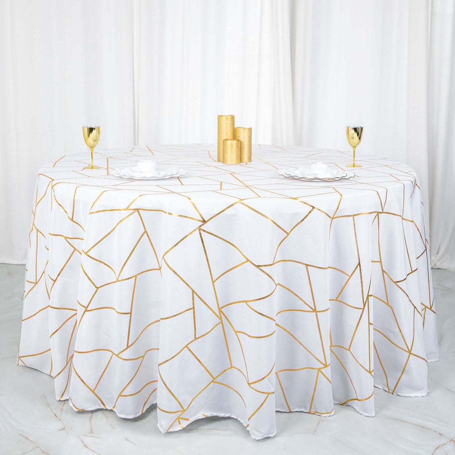 Polyester 120" Round Tablecloth White with Gold Foil Geometric Pattern Wrinkle-Resistant Modern Seamless Table Cover