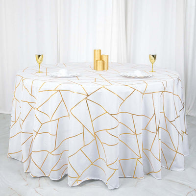 Polyester 120" Round Tablecloth White with Gold Foil Geometric Pattern Wrinkle-Resistant Modern Seamless Table Cover