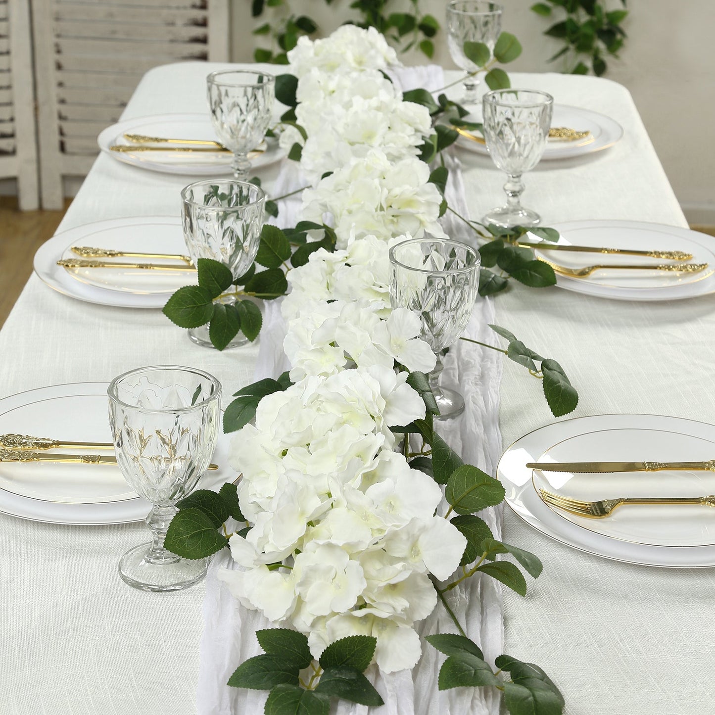 2-Pack Ivory Artificial Hydrangea Garland 5.5ft â€“ Artificial Silk Floral Vine with Green Leaves