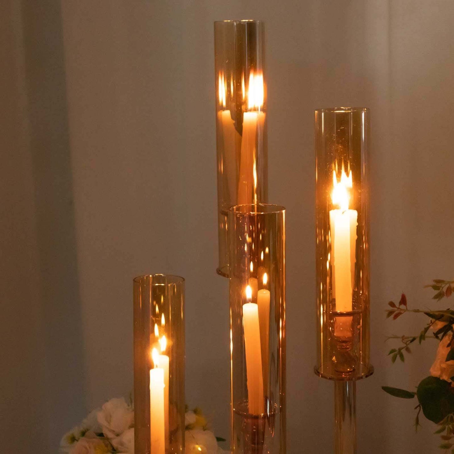 Set of 4 Crystal Glass Hurricane Taper Candle Holders, Decorative Tall Candle Stands Amber Gold Cylinder Chimney Tubes 14", 18", 22", 26"