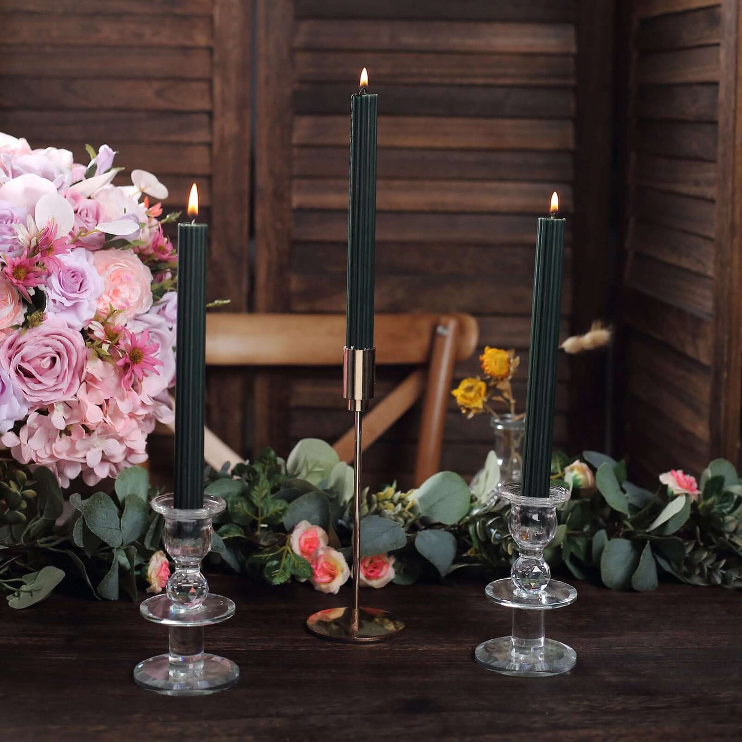 5-Pack Taper Candles Ribbed Wick Ribbon Wax Design Hunter Emerald Green - Premium Unscented Dinner Candles 9"