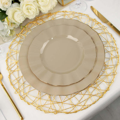 10-Pack Plastic 9" Round Dinner Plates in Taupe Ruffled Rim with Gold Edging - Sturdy Disposable Dinnerware