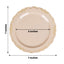 10-Pack Plastic 7" Round Dessert Plates in Taupe with Gold Vintage Embossed Rim - Sturdy Disposable Scalloped Edge Salad Plates