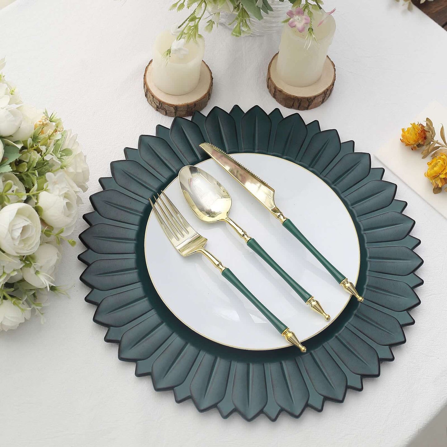 6-Pack Plastic Round Charger Plates 13" in Teal with Sunflower Rim, Matte Finish Disposable Dinner Charger Tableware
