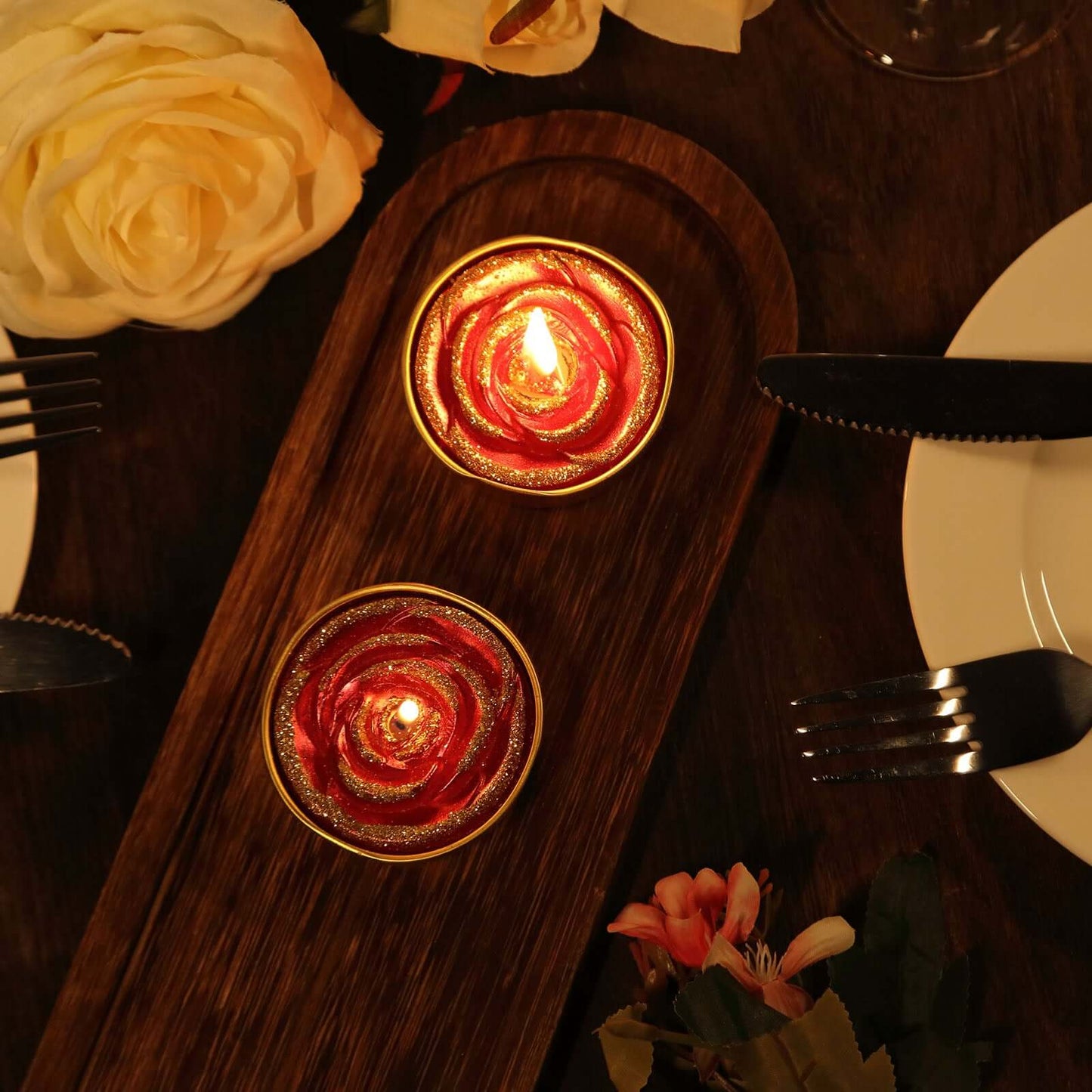2-Pack Tealight Candles Red/Gold Glitter Rose Design - Unscented Dripless Wax for Romantic Decor