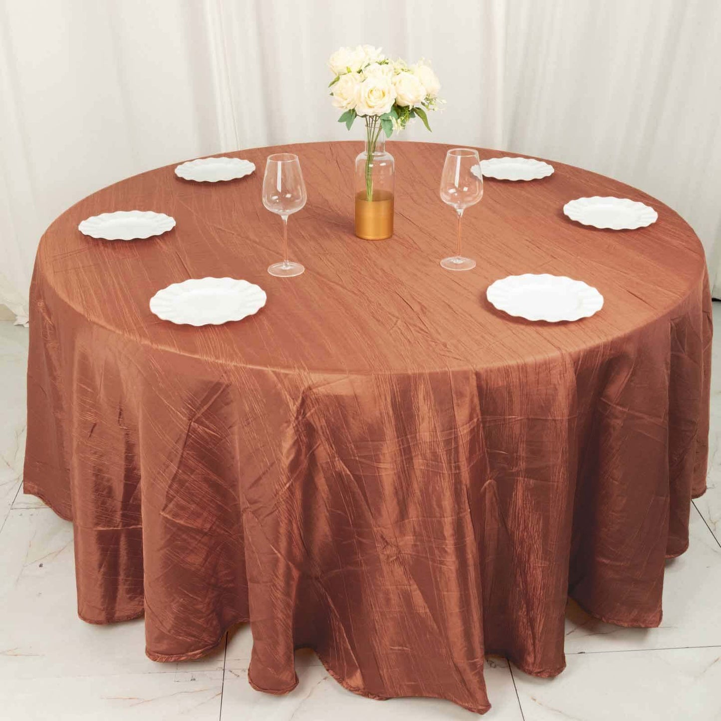 Taffeta 120" Round Tablecloth Terracotta (Rust) - Seamless Accordion Crinkle Table Cover
