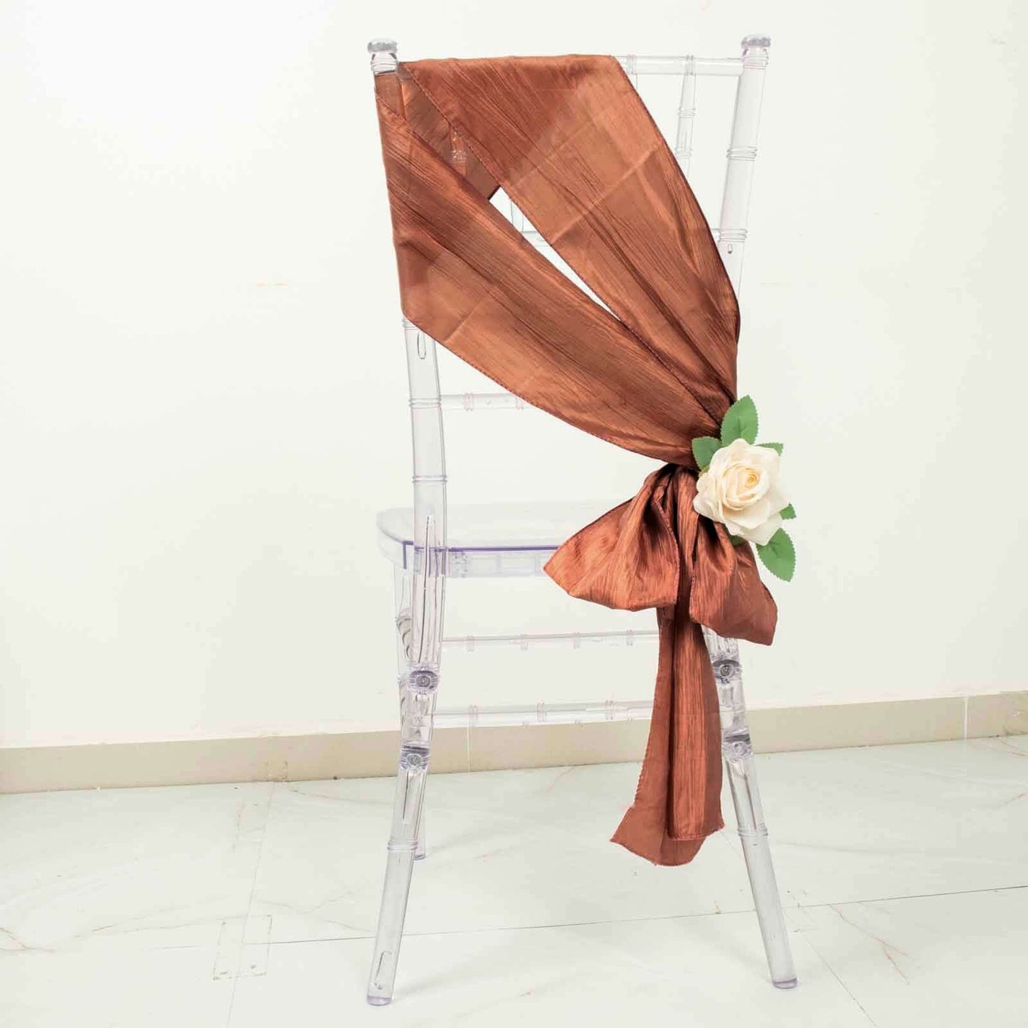 5 Pack Taffeta 6"x106" Chair Sashes Terracotta (Rust) Accordion Crinkle Texture - Stylish Decor for Weddings & Gatherings