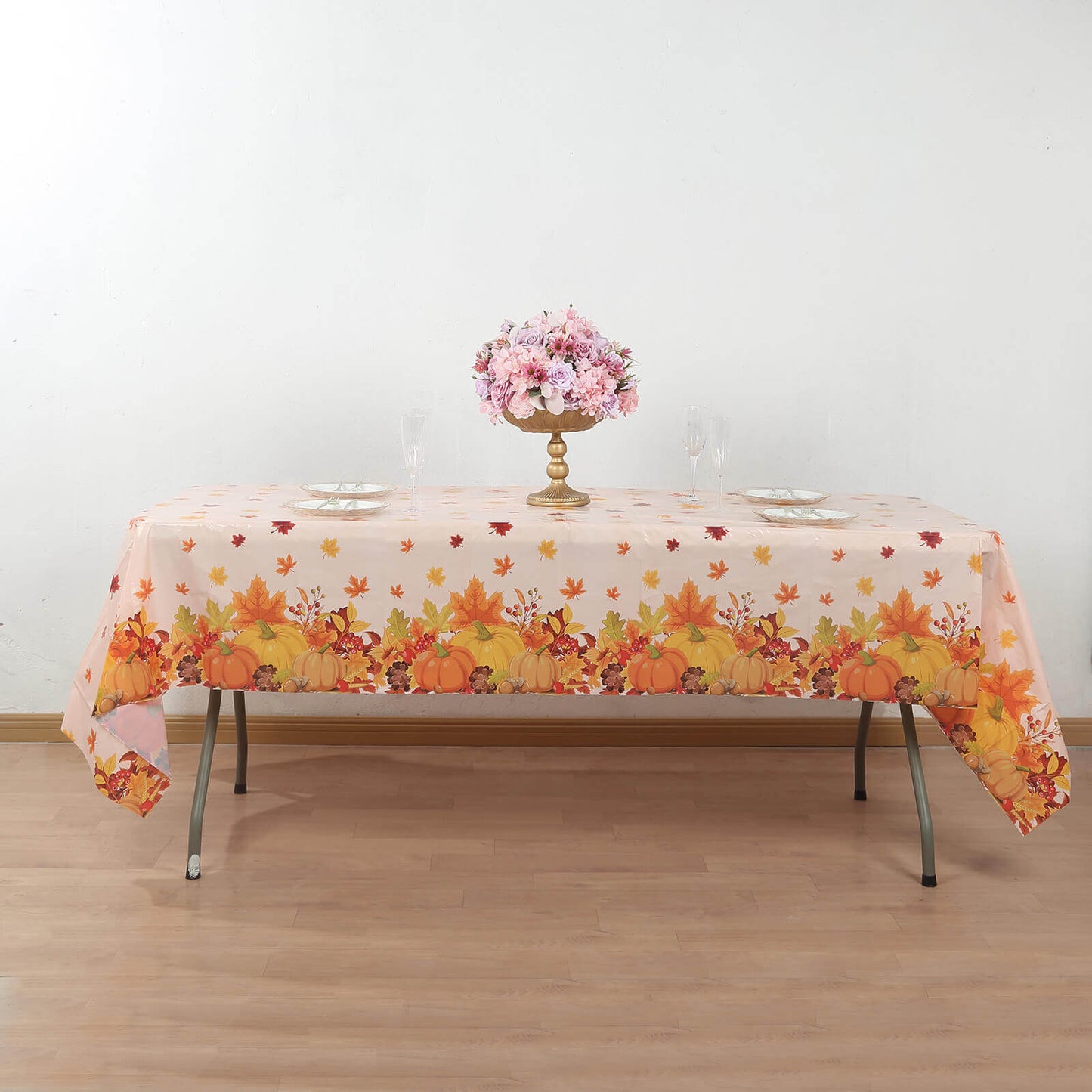 5-Pack Plastic Tablecloths Orange Thanksgiving Rectangle with Fall Leaves Pumpkin Print - Festive PVC Disposable Table Covers 54"x108"