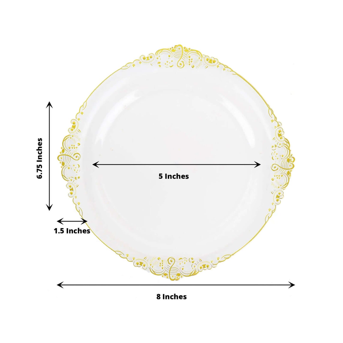 10-Pack Plastic 8" Round Dessert Plates in Clear with Gold Leaf Embossed Rim - Disposable Vintage Baroque Style Salad Plates