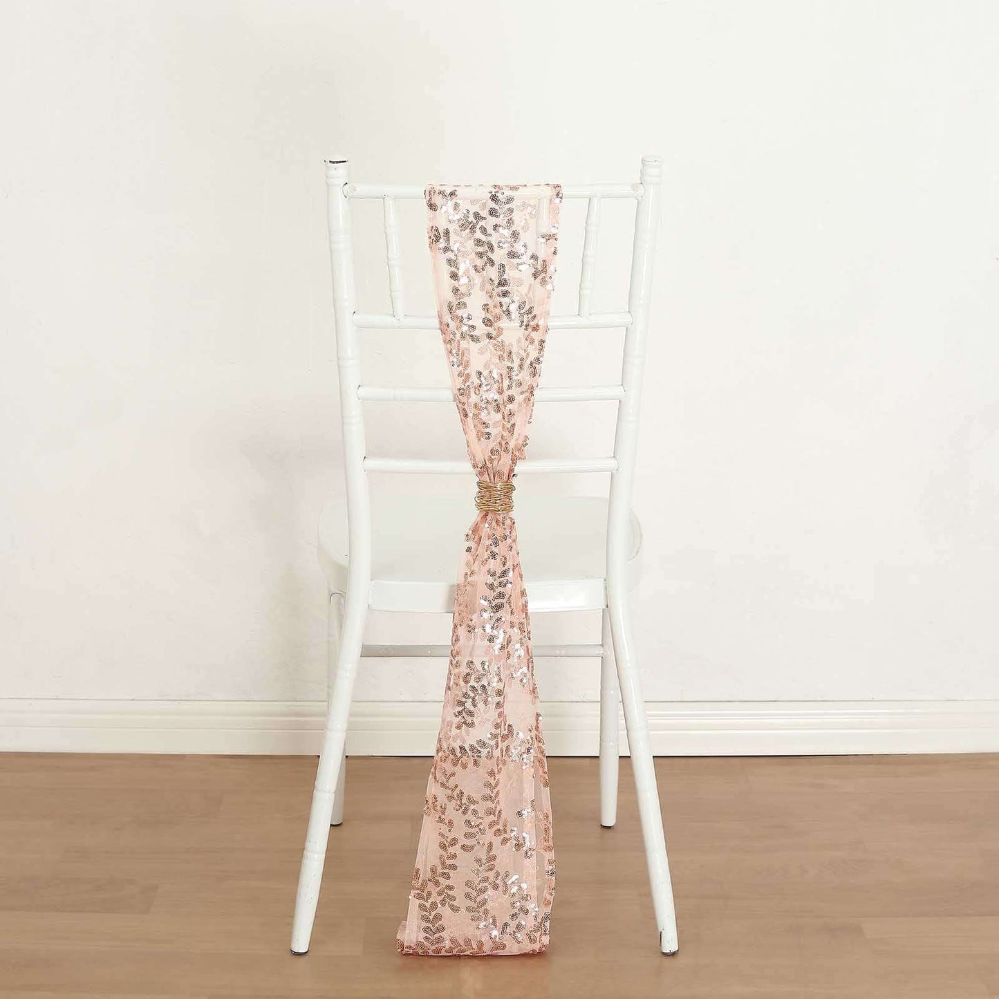 5 Pack Tulle Chair Sashes with Leaf Vine Embroidered Sequins Rose Gold 6"x88"