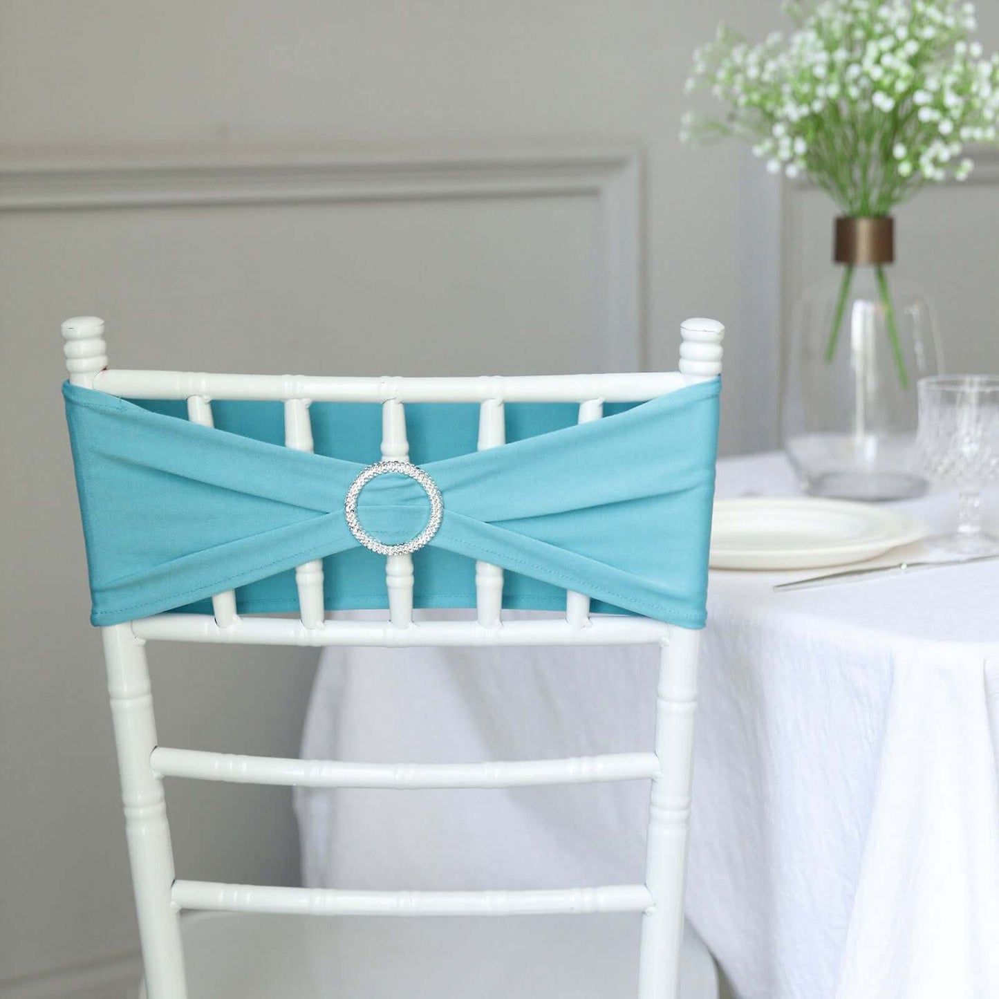 5 Pack Stretch Spandex Chair Sashes Turquoise - Reusable Chair Bands with Silver Diamond Ring Slide Buckle 5"x14"