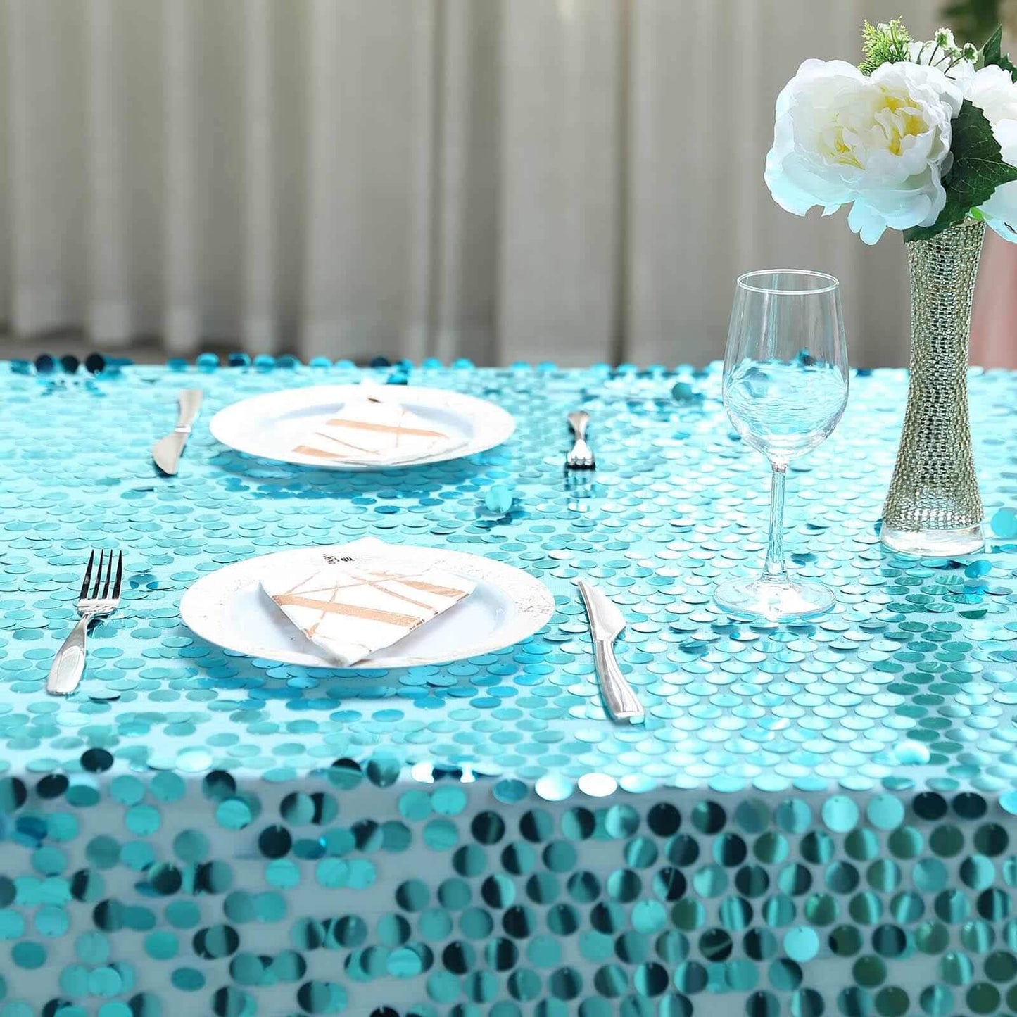 Sequin 90"x156" Rectangle Tablecloth Turquoise - Seamless Big Payette Table Cover