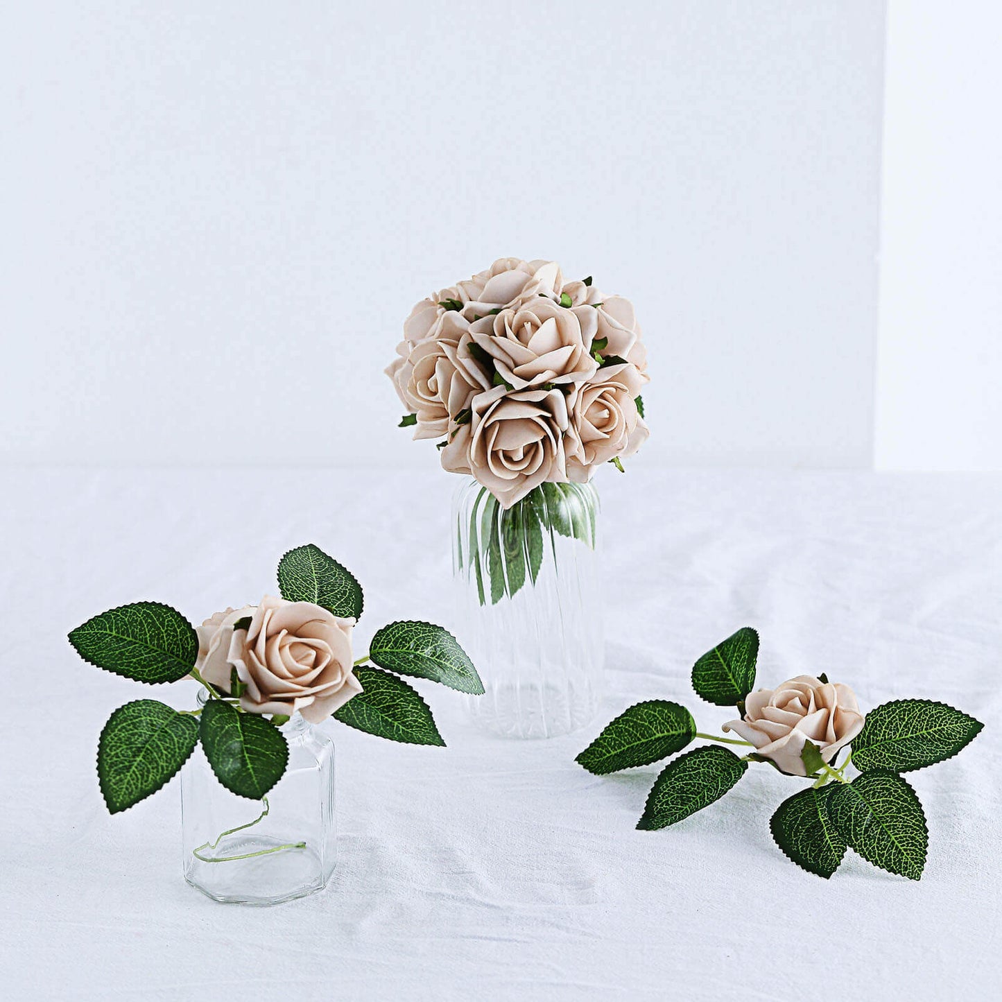 24 Roses 2" Champagne Artificial Foam Flowers With Stem Wire and Leaves