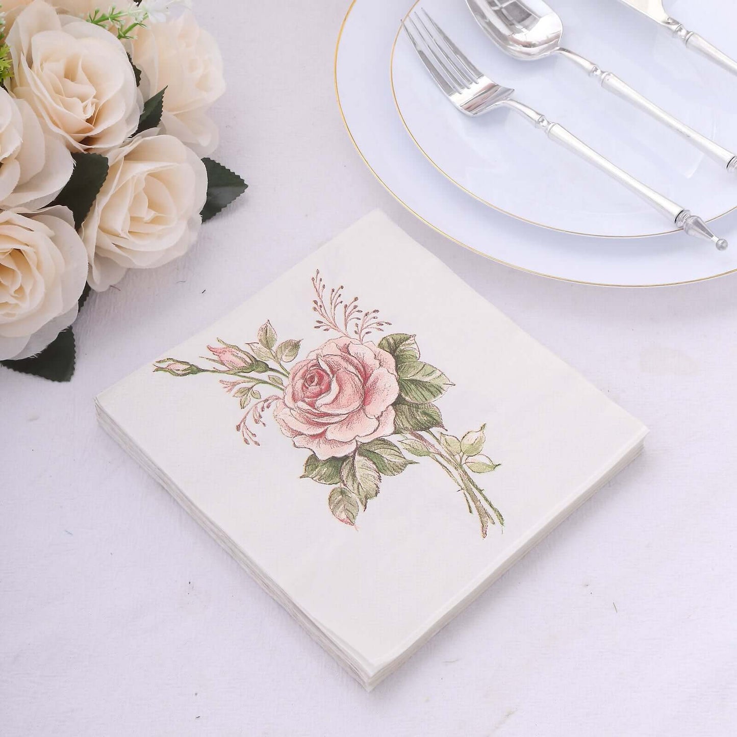 20-Pack Paper Beverage Napkins with Pink Floral Design Ivory - 2 Ply Soft 18GSM Rose Garden Wedding Napkins 6.5"x6.5"