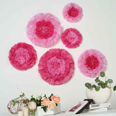Set of 6 Pink Fuchsia Carnation 3D Paper Flowers Wall Decor - 7",9",11"