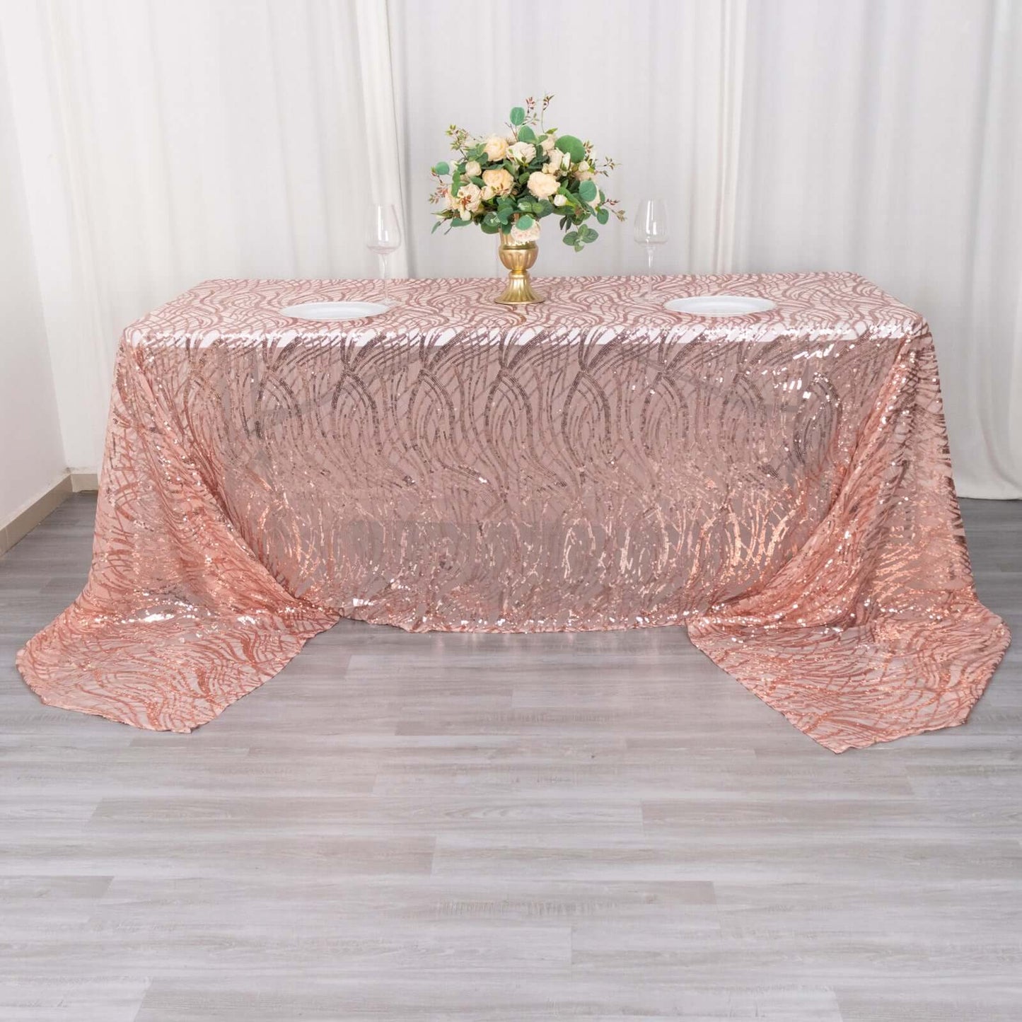 Mesh 90"x156" Rectangle Tablecloth Rose Gold - Wave Sequin Embroidered Table Cover