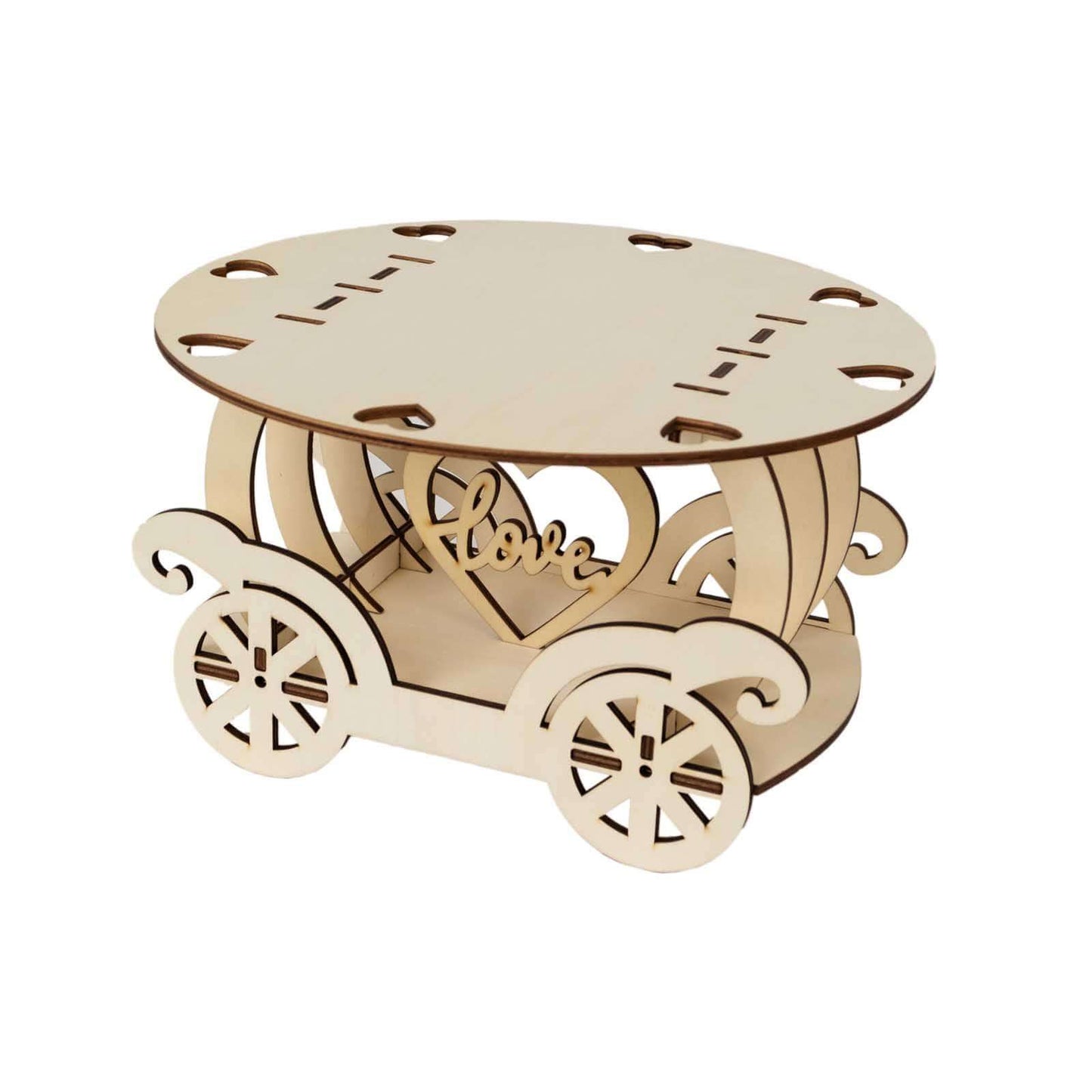 Wooden Wedding Cake Stand Carriage Shape Natural with Laser Cut Design - Round Cupcake Holder Display Plate 12"