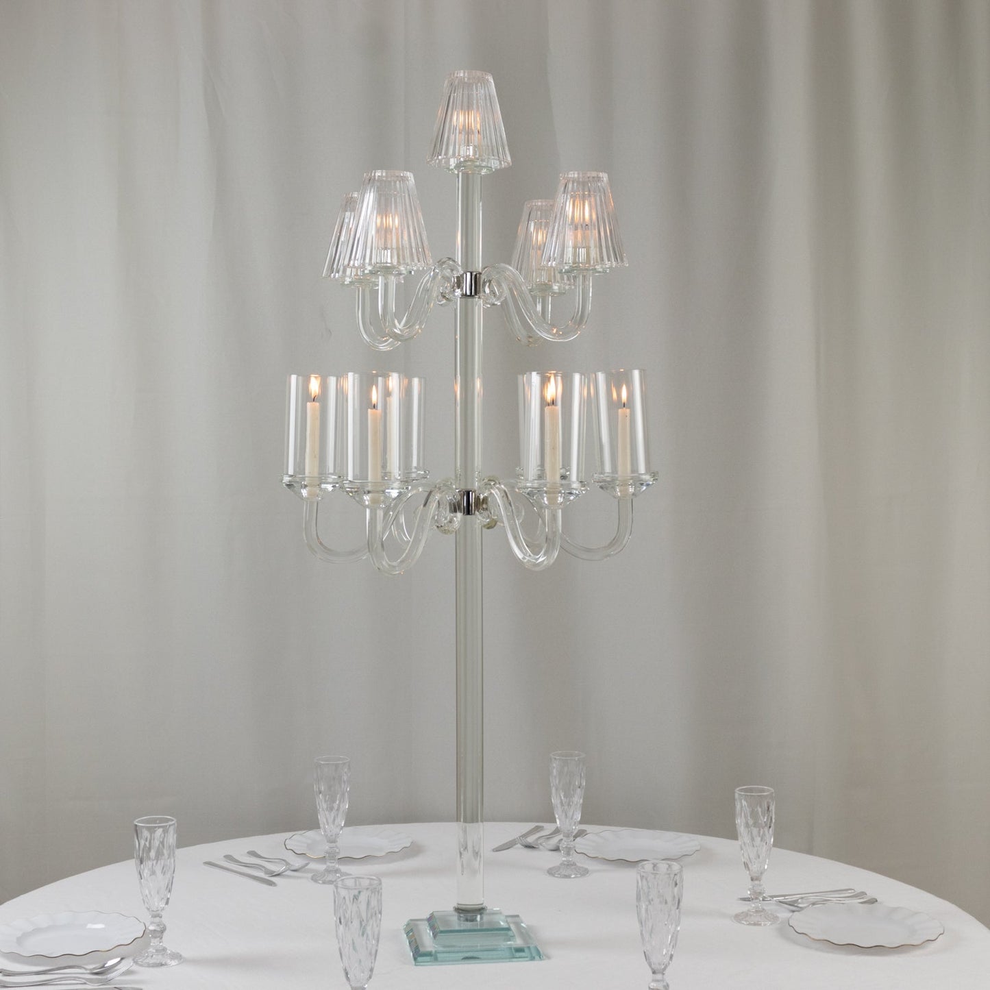 11-Arm Crystal Glass Candelabra â€“ 50" Floor Candle Holder for Taper & Tealight Candles with Empire & Cylinder Lampshades, Perfect for Weddings & Home Decor
