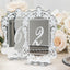 Silver Mirror Arch Acrylic Table Numbers (1-10) - 5"x7" Wedding Reception Signs with Baroque Lace Border, White Print & Stands