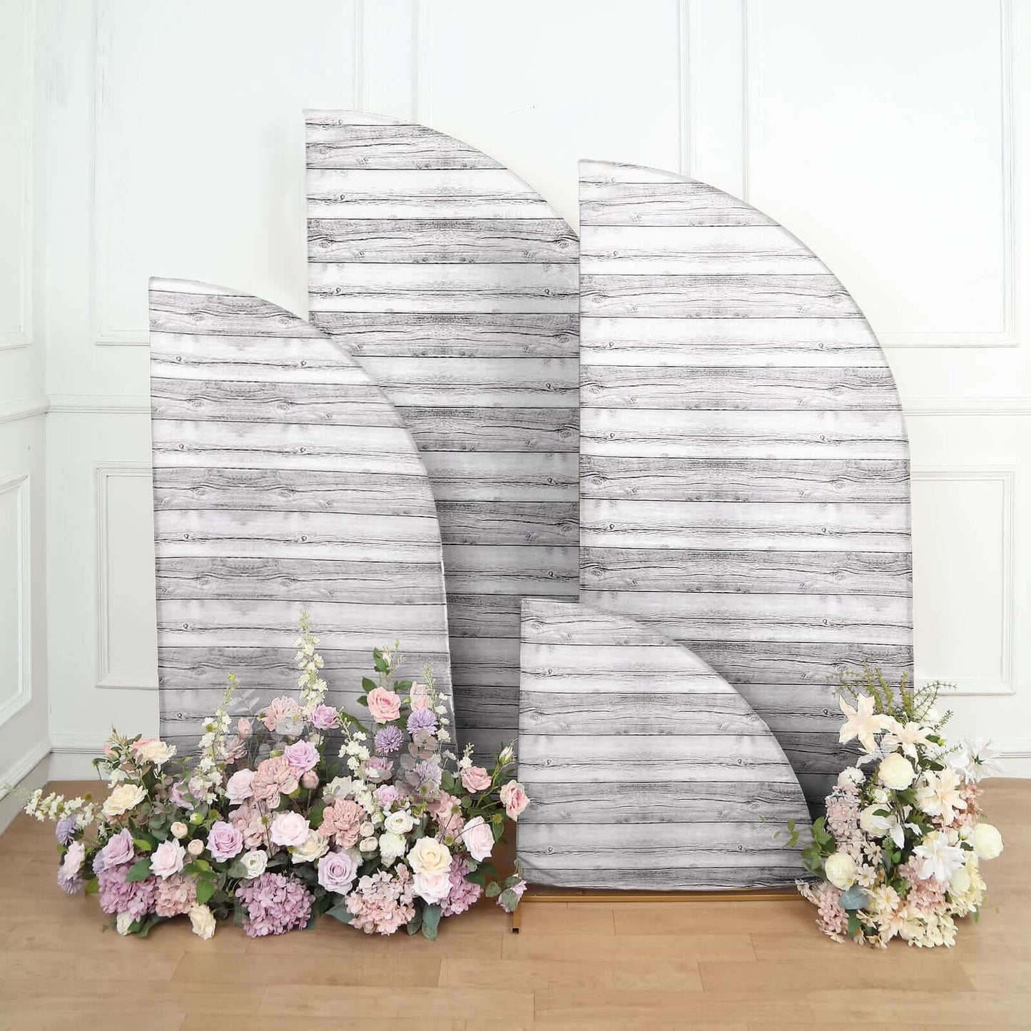 Set of 4 Whitewash Rustic Wood Print Spandex Chiara Wedding Arch Covers, Fitted Covers For Half Moon Backdrop Stands - 2.5ft, 5ft, 6ft, 7ft