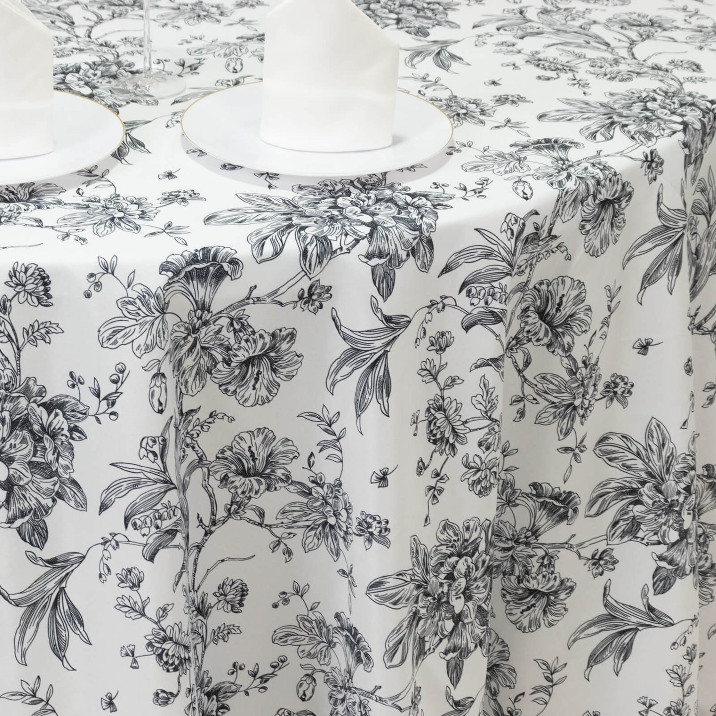 Polyester 120" Round Tablecloth White - Black French Toile Pattern for Chic Weddings