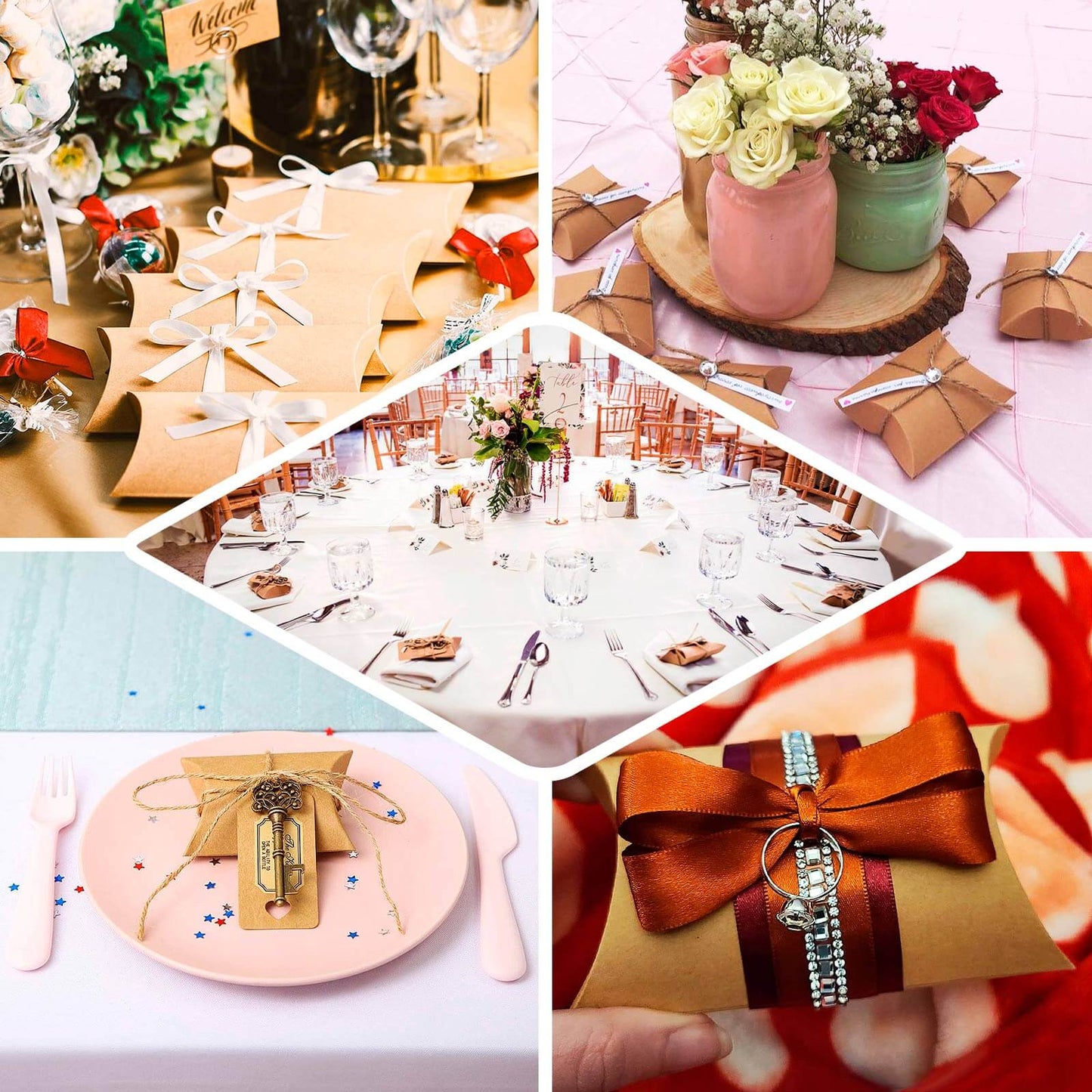 50 Pack 4.5"x3.5" Natural Brown Paper Wedding Favor Pillow Boxes with Burlap Twine, Party Gift Boxes