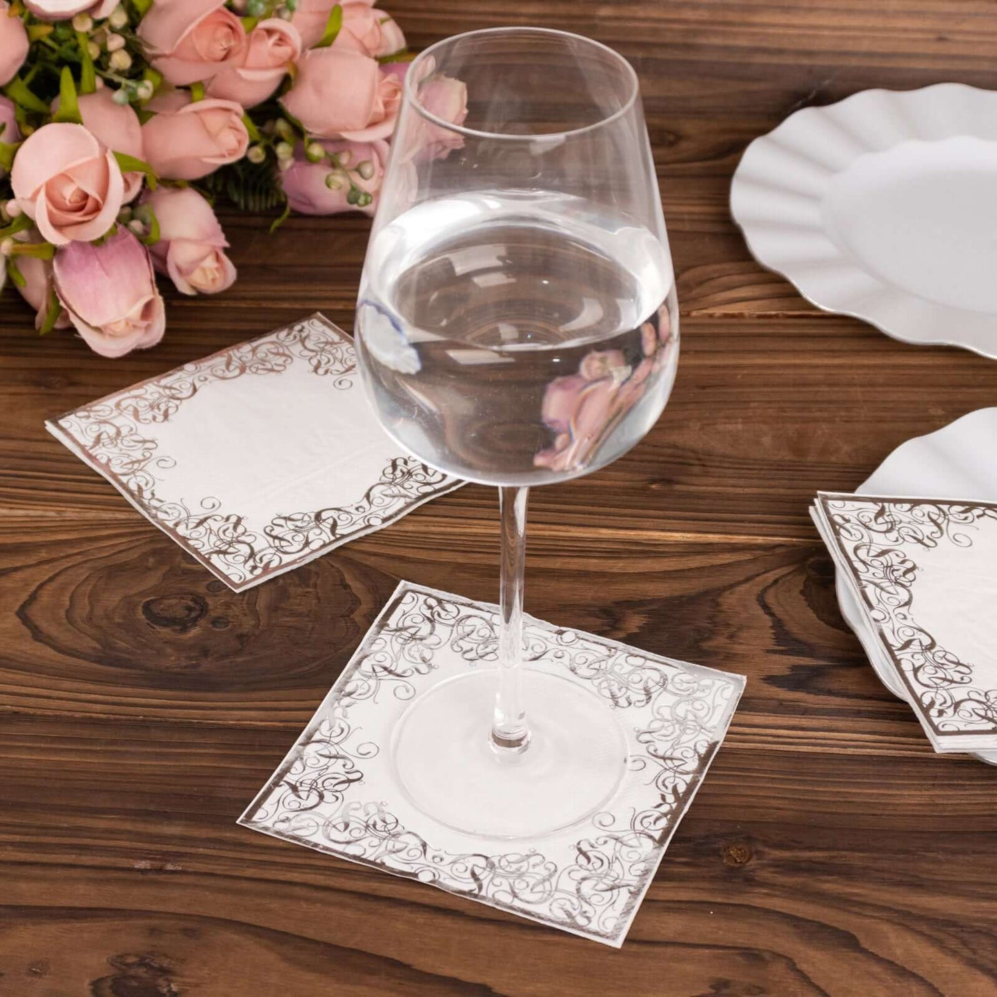 20-Pack Paper Beverage Napkins with Silver Foil Lace Design White - 3 Ply Disposable 18GSM European Style Cocktail Napkins 5"x5"