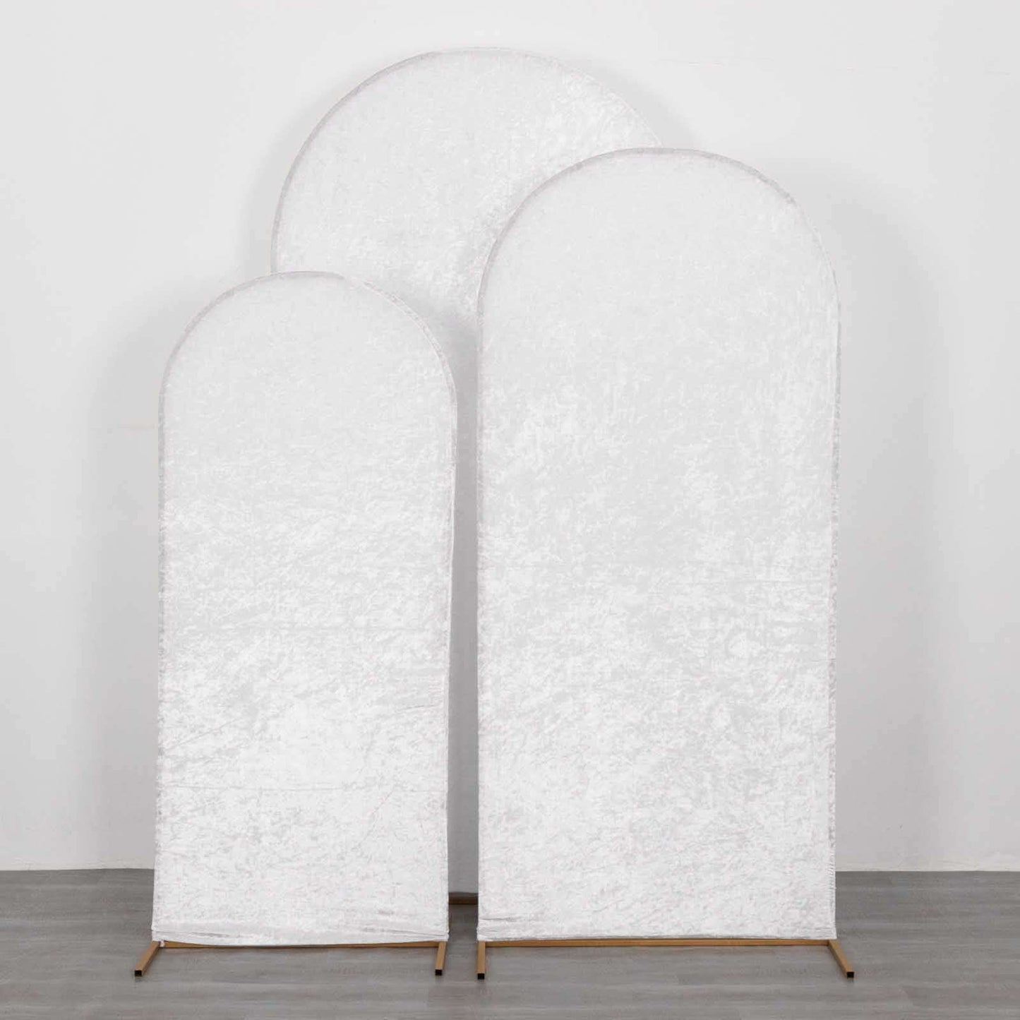 Set of 3 White Crushed Velvet Chiara Backdrop Stand Covers For Round Top Wedding Arches - 5ft, 6ft, 7ft