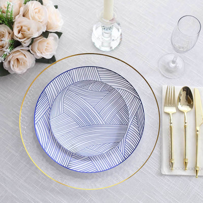 10-Pack Plastic 10" Round Dinner Plates in White with Blue Wave Brush Strokes Pattern - Disposable Party Plates