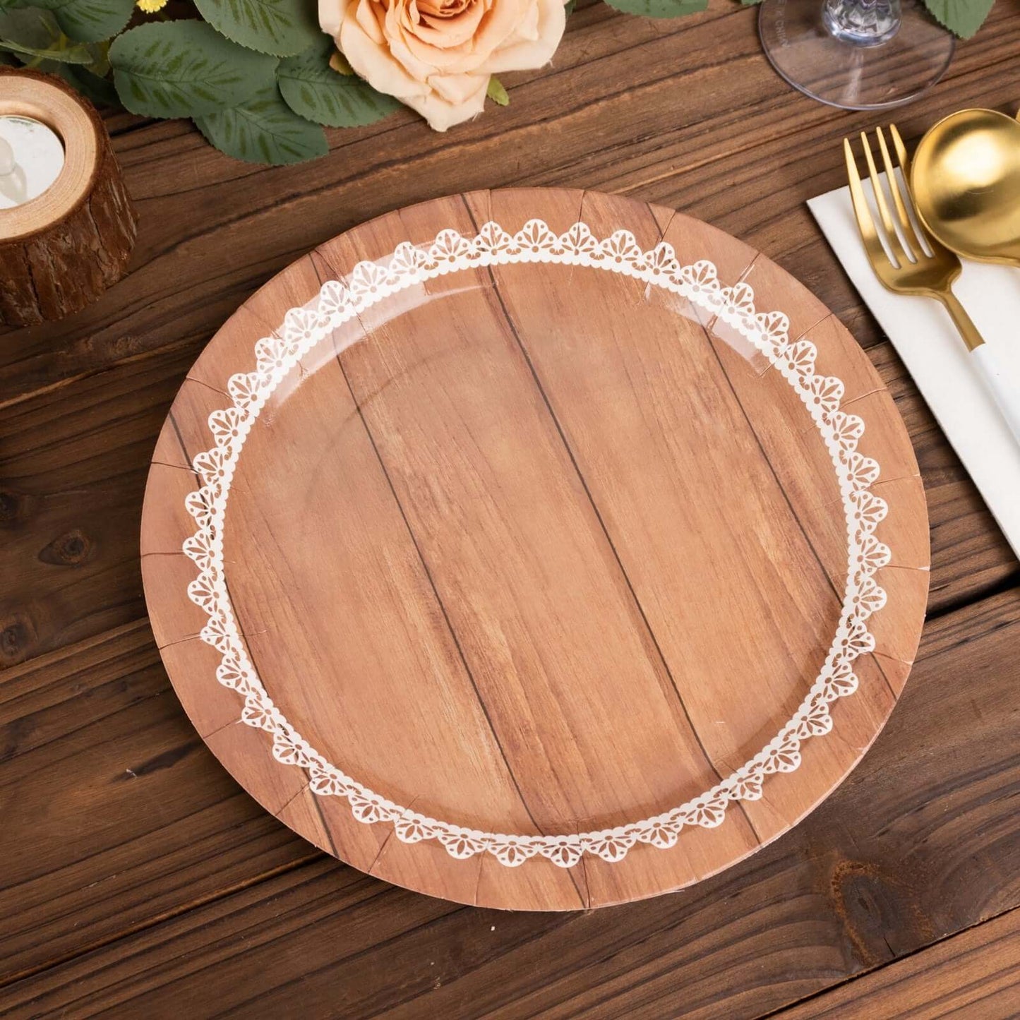 25-Pack Paper 9" Round Dinner Plates in Brown Wood Grain Print with White Floral Lace Rim - Disposable Party Plates for Rustic Farmhouse Style Events