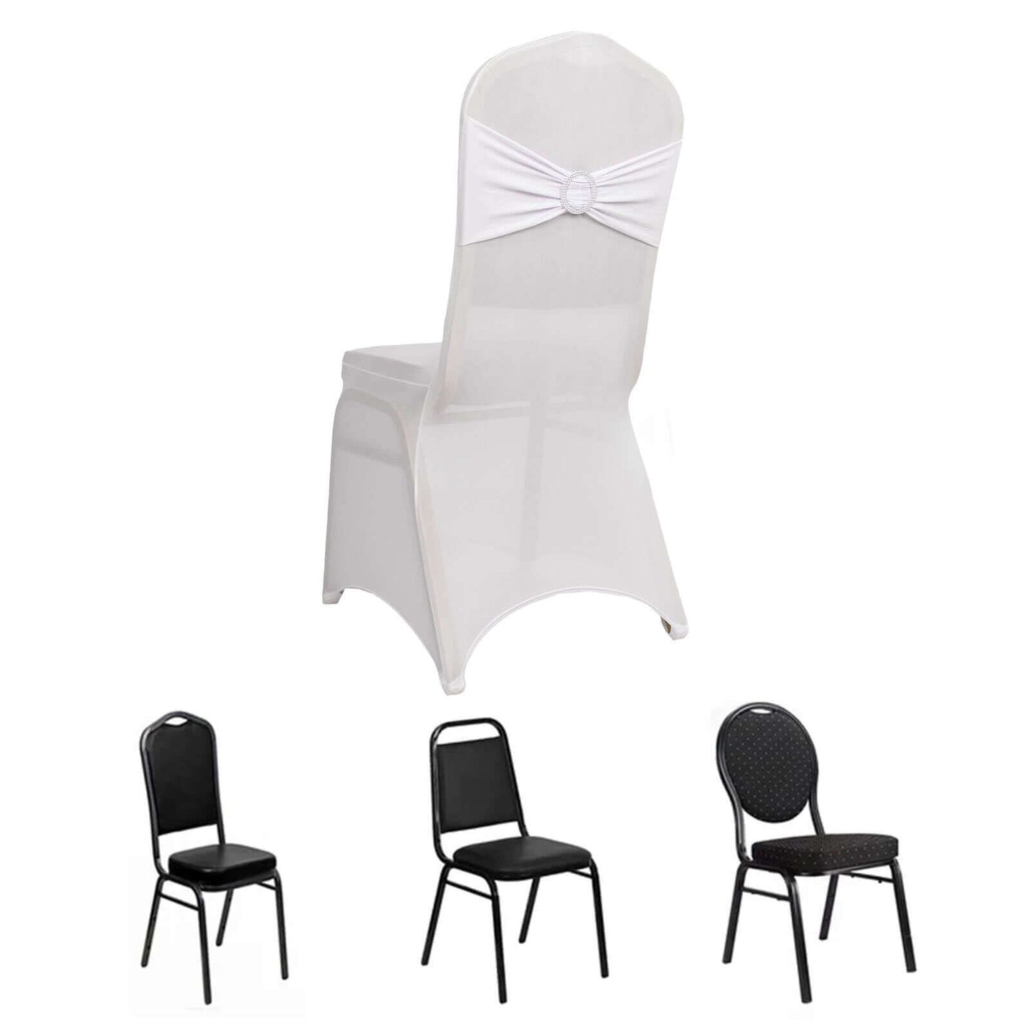 Spandex Chair Cover with Silver Rhinestone Buckled Sash Band White - Stylish Stretch Fitted Slipcover for Banquets & Events