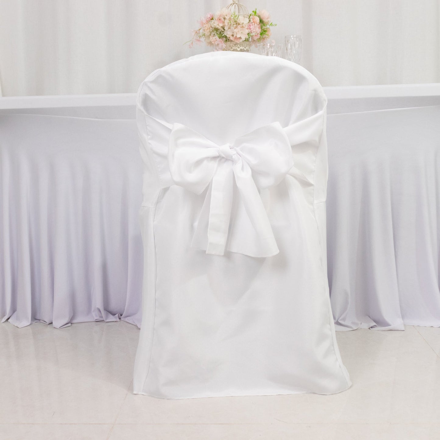 10-Pack Polyester Slip-On Folding Chair Covers with Attached Sashes â€“ White Durable Reusable Covers for Wedding & Event Decor
