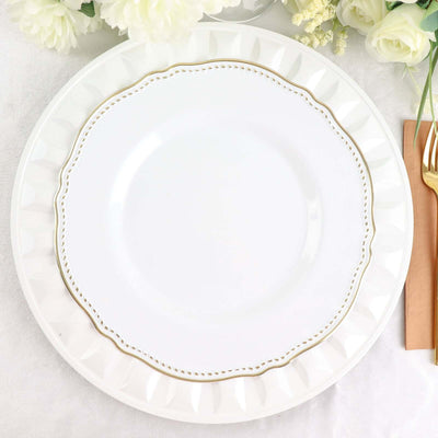 6-Pack Plastic Round Charger Plates 13" in White with Bejeweled Rim, Luxe Decorative Dinner Party Charger Tableware