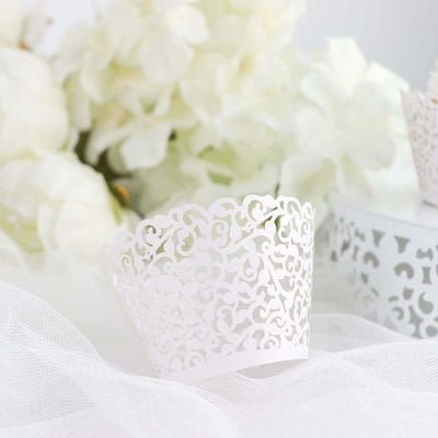 25-Pack Paper Cupcake Wrappers Lace Laser Cut Design White - Muffin Baking Cup Trays for Events