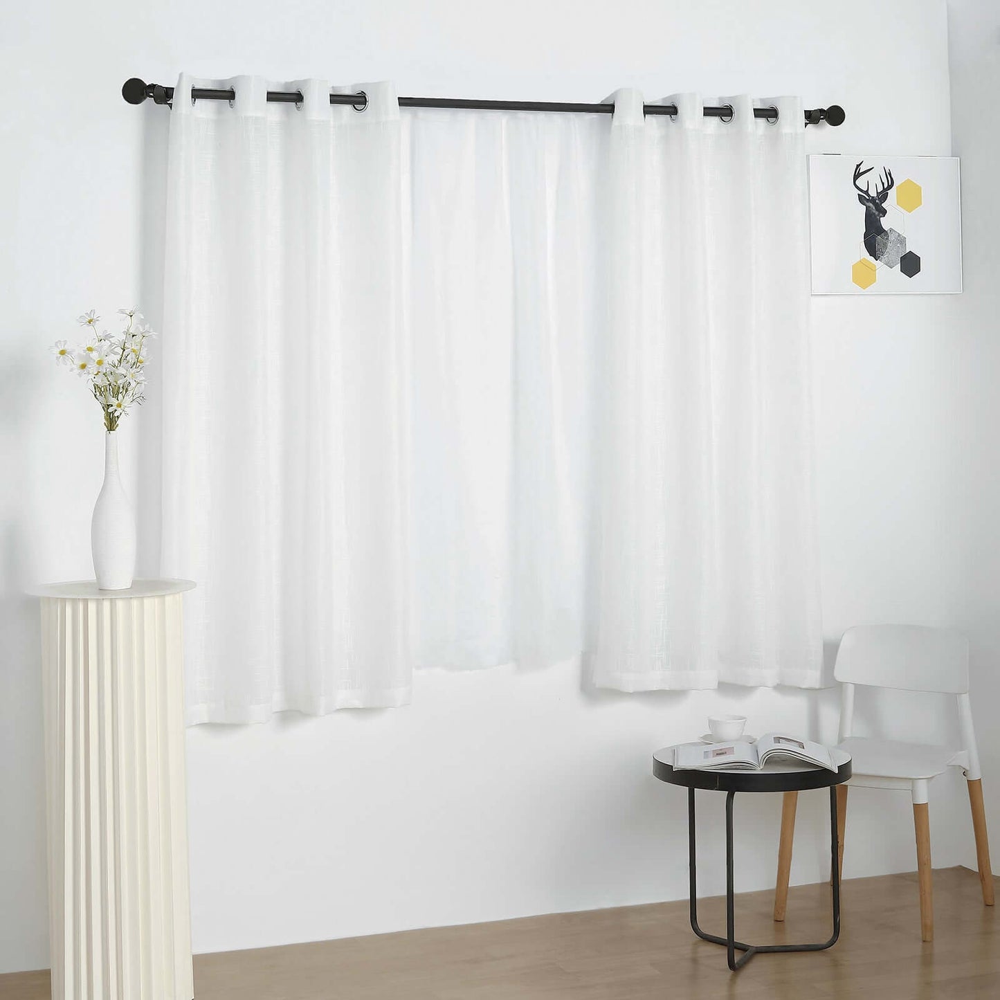 2 Pack Handmade White Faux Linen Curtains 52"x64", Curtain Panels With Chrome Grommets