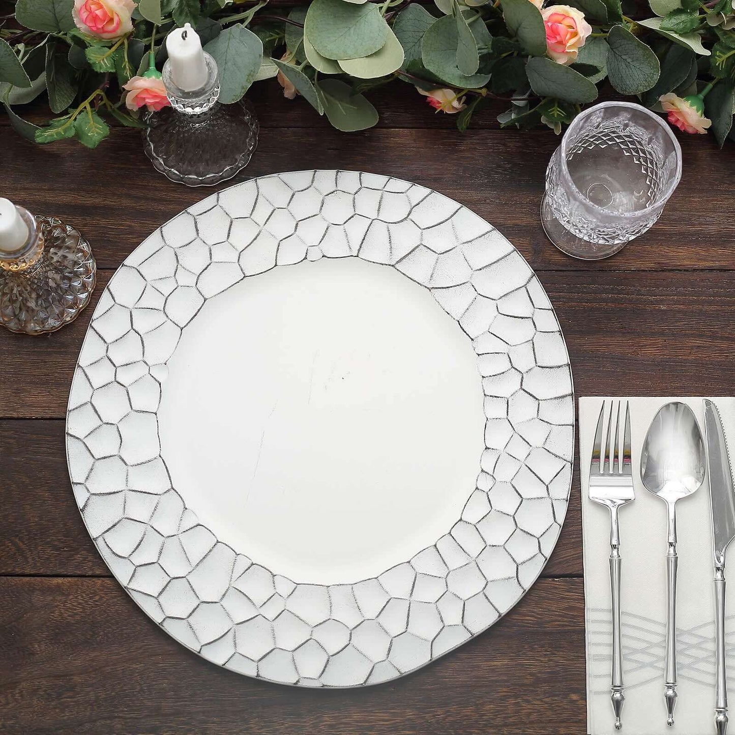 6-Pack Round Charger Plates 13" in White with Hammered Rim, Matte Finish Modern Dinner Charger Tableware