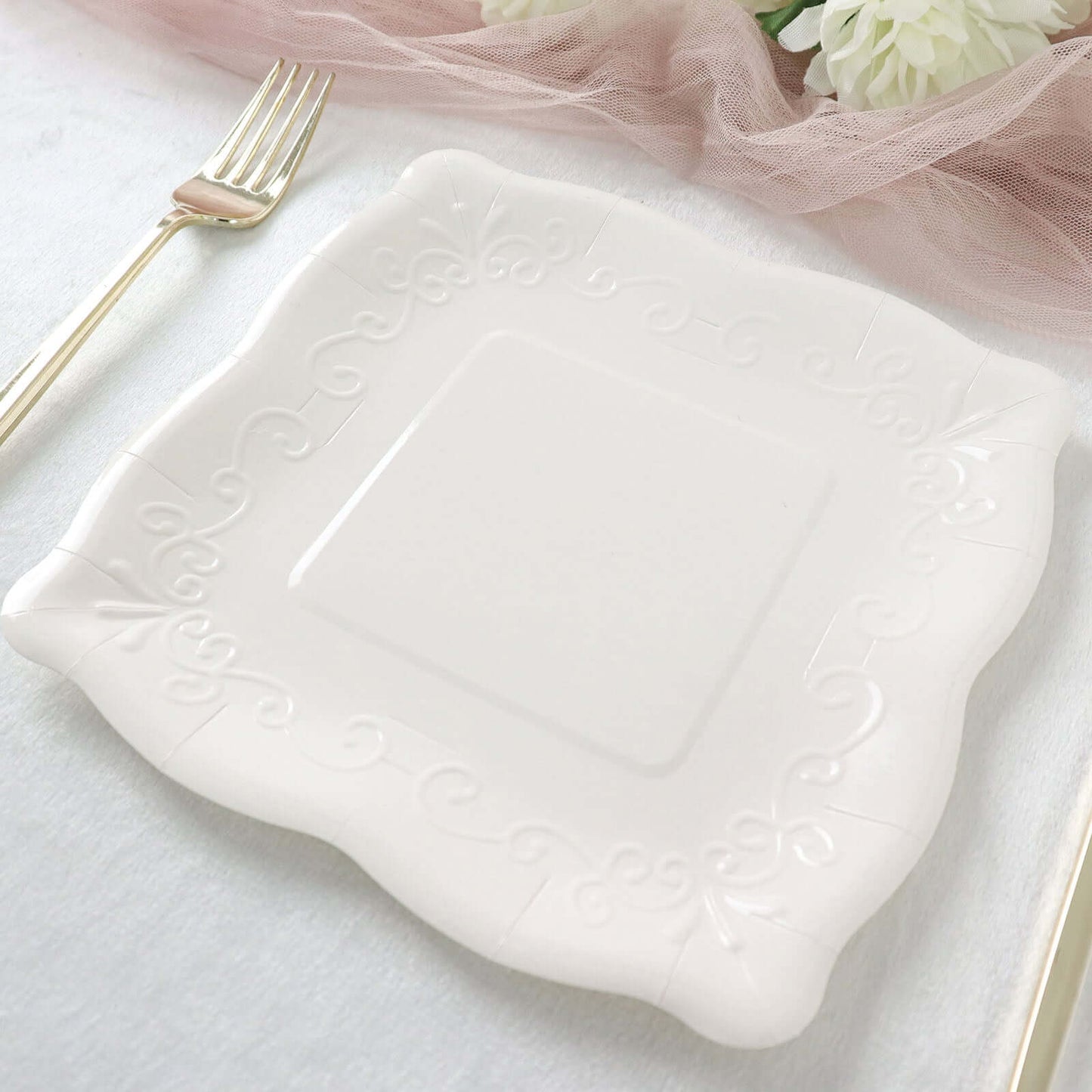 25-Pack Paper 11" Square Dinner Plates in White with Vintage Pottery Embossed Design - Shiny Disposable Serving Plates