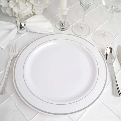 10-Pack Plastic Dinner Plates White with TrÃ¨s Chic Silver Rim - Perfect Disposable Party Plates 10"