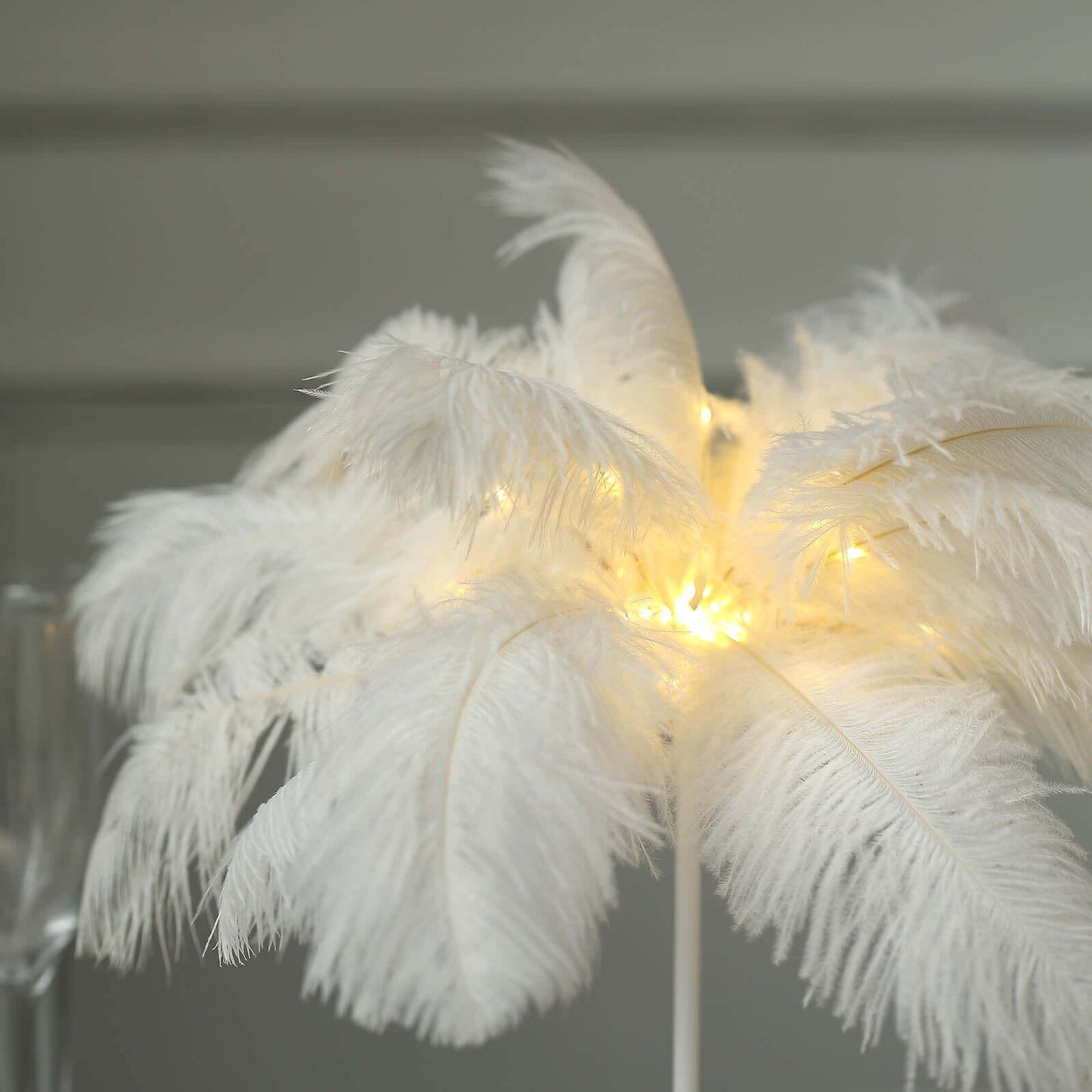 Table Lamp Ostrich Feather Design White LED Battery Operated - Cordless Wedding Centerpiece 15"