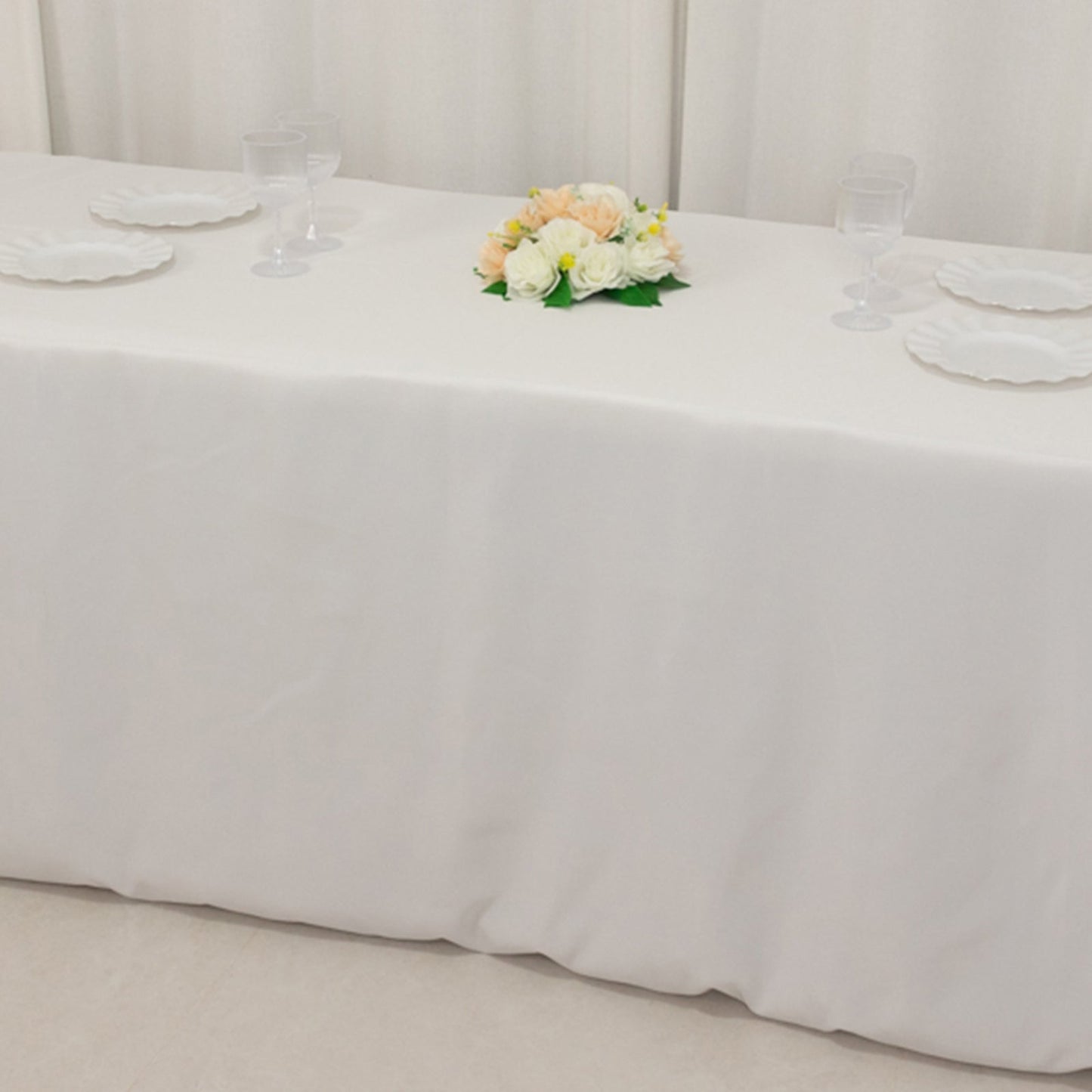 Fire Retardant Premium Polyester 8ft Rectangular Tablecloth White Fitted High-Performance Table Cover for Large Gatherings