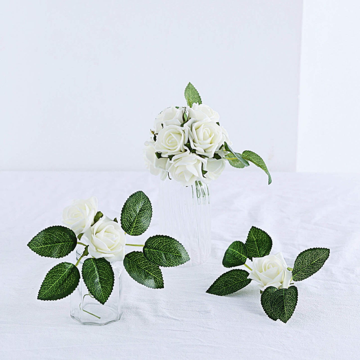 24 Roses 2" Ivory Artificial Foam Flowers With Stem Wire and Leaves