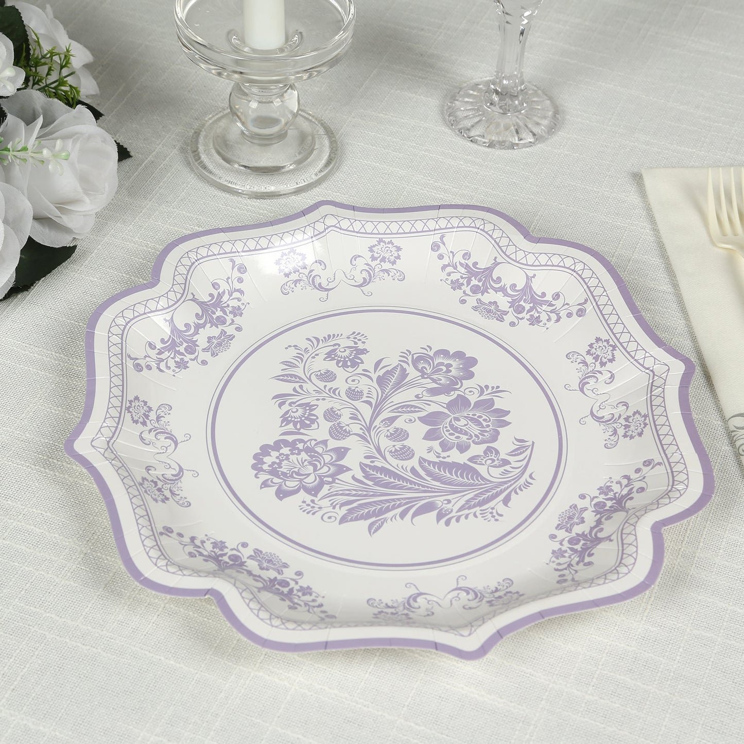 25-Pack Paper Dinner Plates in White Lavender Lilac Damask Floral Print & Scallop Rim - Stylish Disposable 300GSM Floral Party Plates 10"