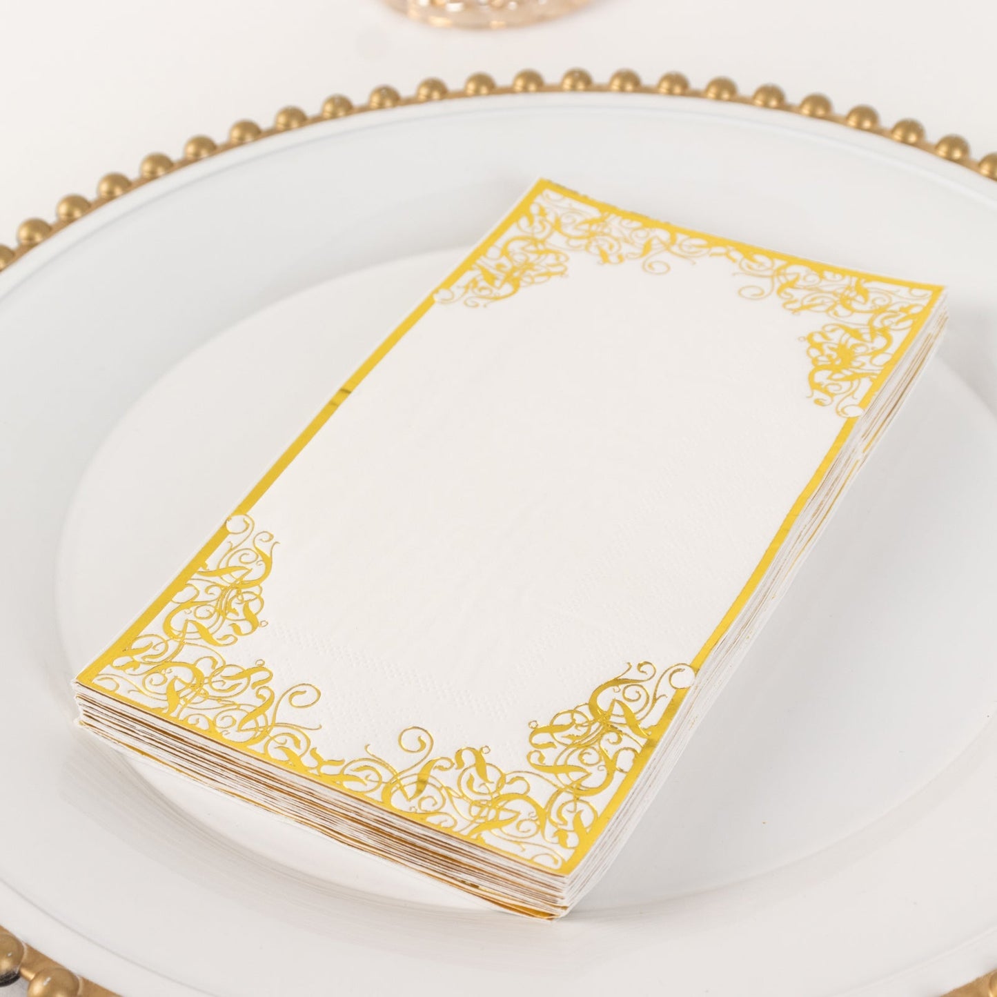 50-Pack Paper Dinner Napkins White with Gold Foil Lace Design 2 Ply - European Style Napkins for Parties 8"x4"
