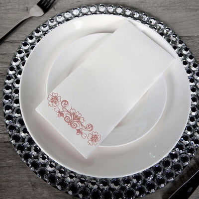 20 Pack White Linen-Feel Dinner Paper Napkins with Rose Gold Floral Print, Premium Cloth-Like Airlaid Disposable Napkins, Soft and Absorbent Guest Towels
