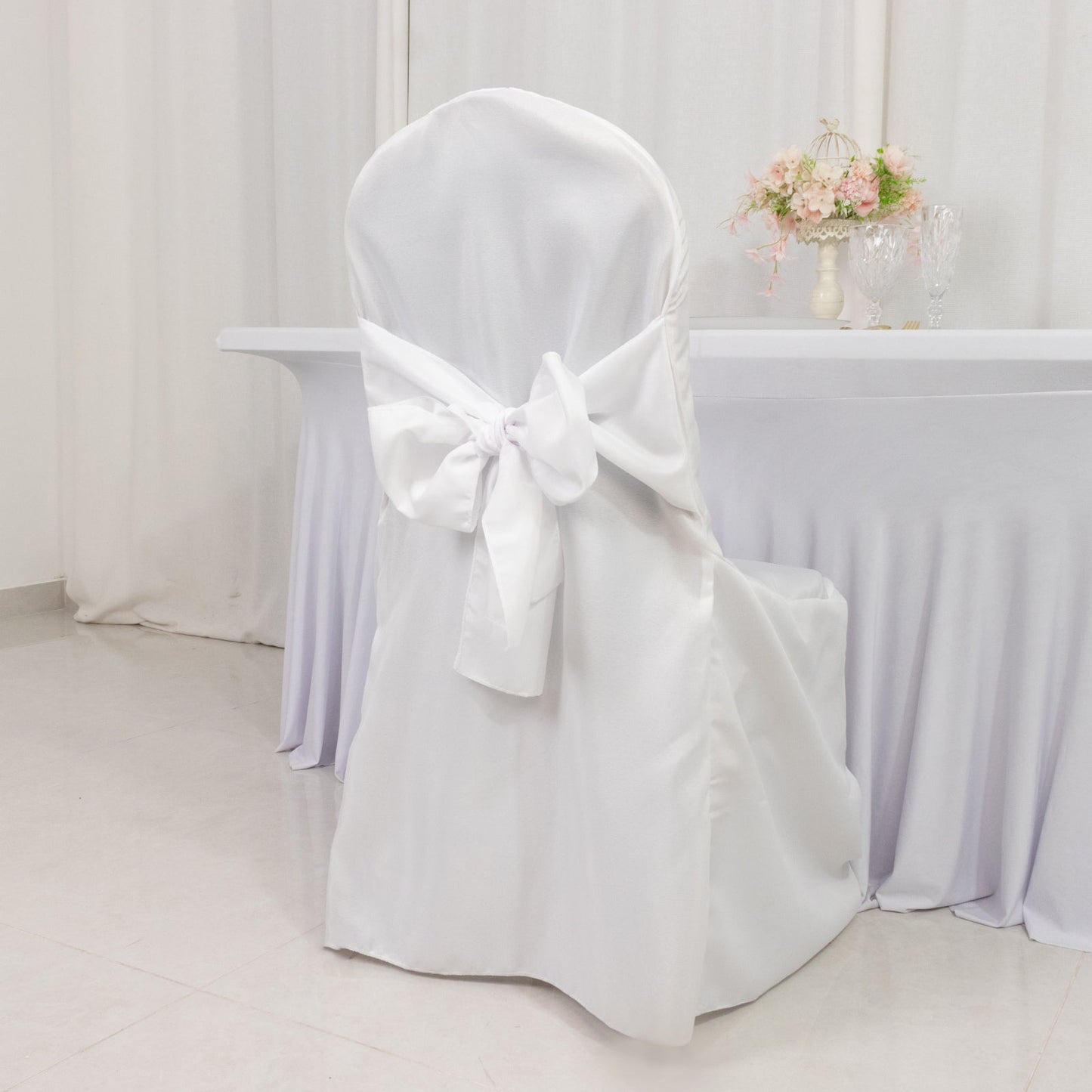 10-Pack Polyester Slip-On Banquet Chair Covers with Attached Sashes â€“ White Reusable Stain-Resistant Covers for Wedding & Event Decor