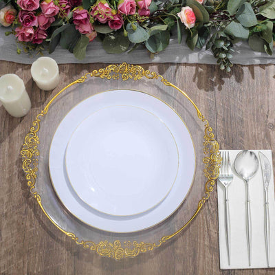 10-Pack Plastic 10" Round Dinner Plates in White with Gold Rim - Glossy Disposable Party Plates for Banquets & Special Occasions