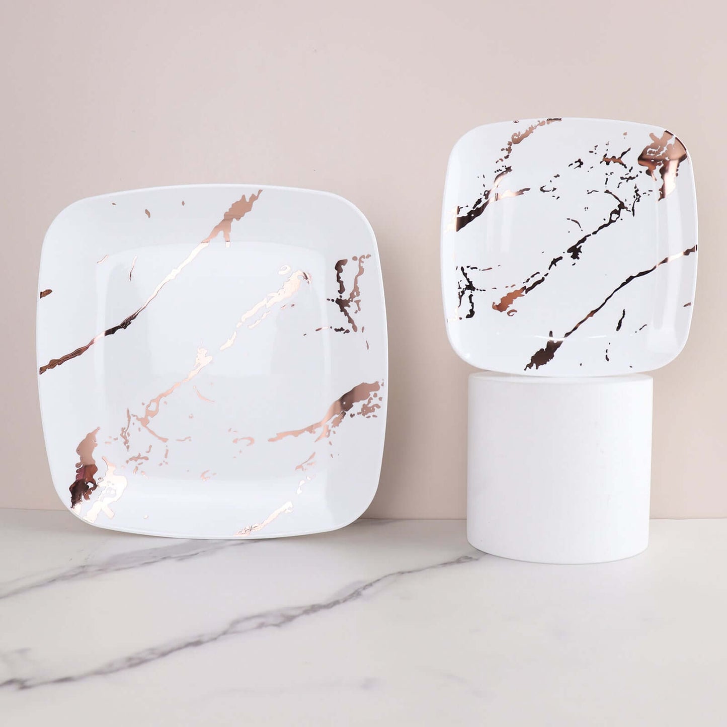 10-Pack Plastic 8" Square Dessert Plates in White with Rose Gold Marble Design - Disposable Appetizer Salad Party Plates