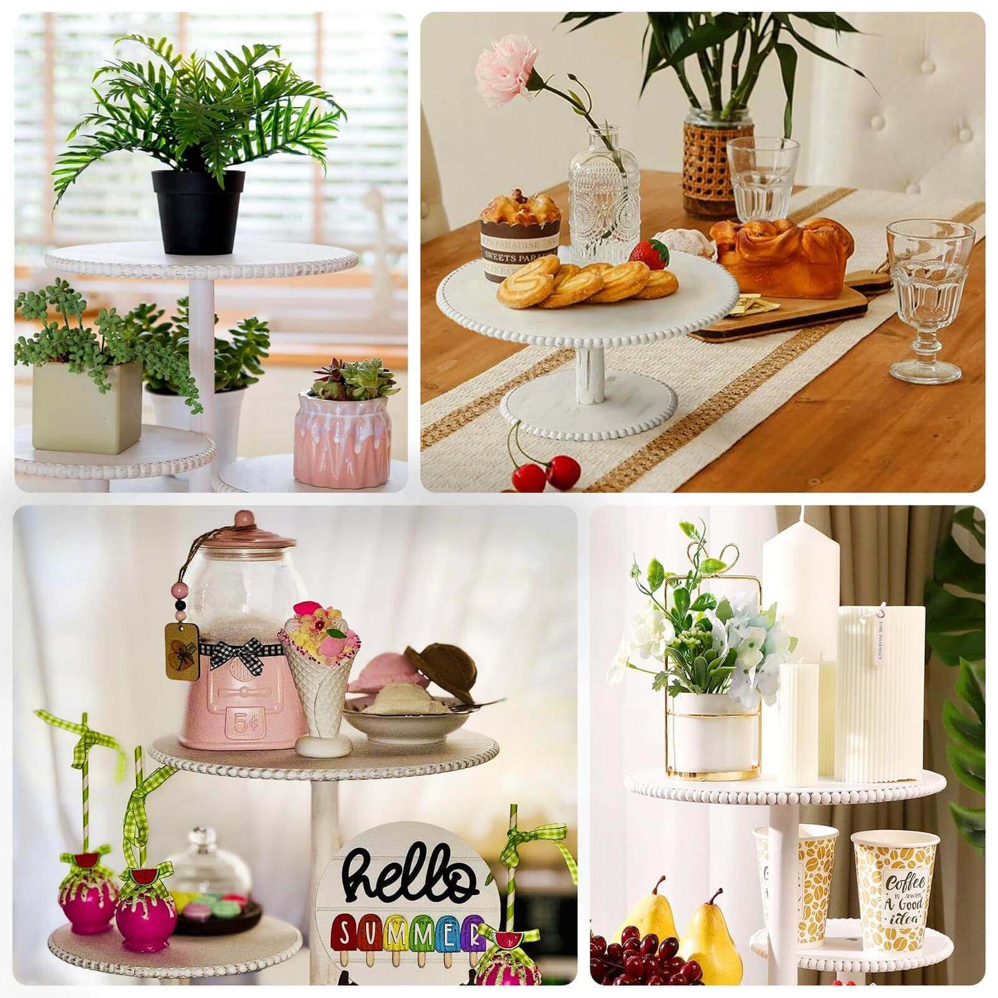 Set of 3 Wooden Pedestal Cake Stands Whitewash with Round Beaded Rim Trays - Stackable Rustic Cupcake Display 8", 10", 12"