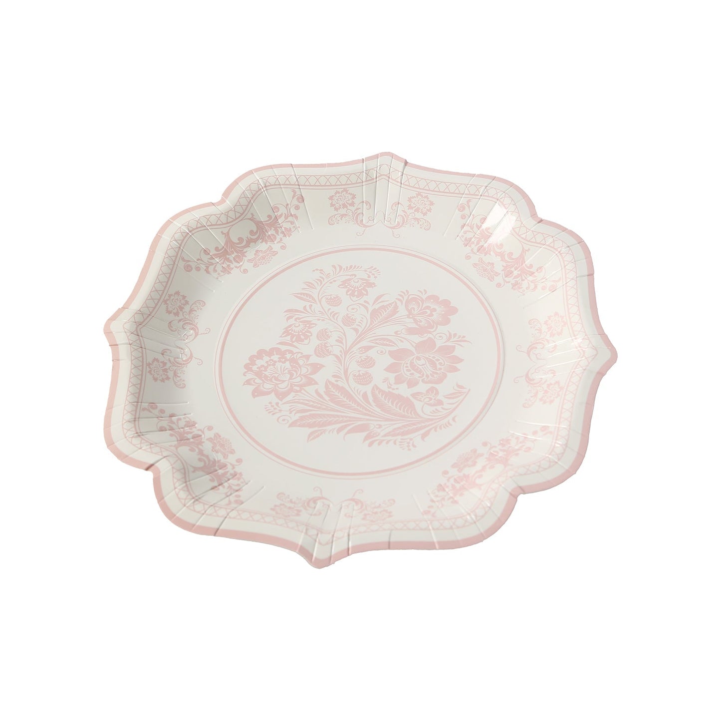 25-Pack Paper Dessert Plates in White with Pink Damask Floral Print & Scallop Rim - Stylish Disposable 300GSM Floral Salad Appetizer Plates 8"