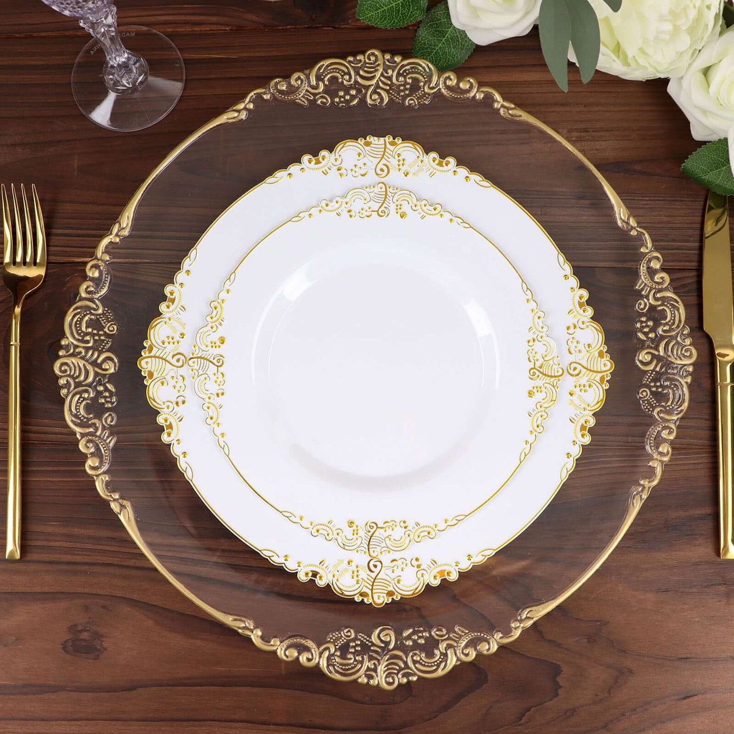 10-Pack Plastic 8" Round Dessert Plates in White with Gold Leaf Embossed Rim - Disposable Vintage Baroque Style Salad Plates for Luxurious Gatherings & Events